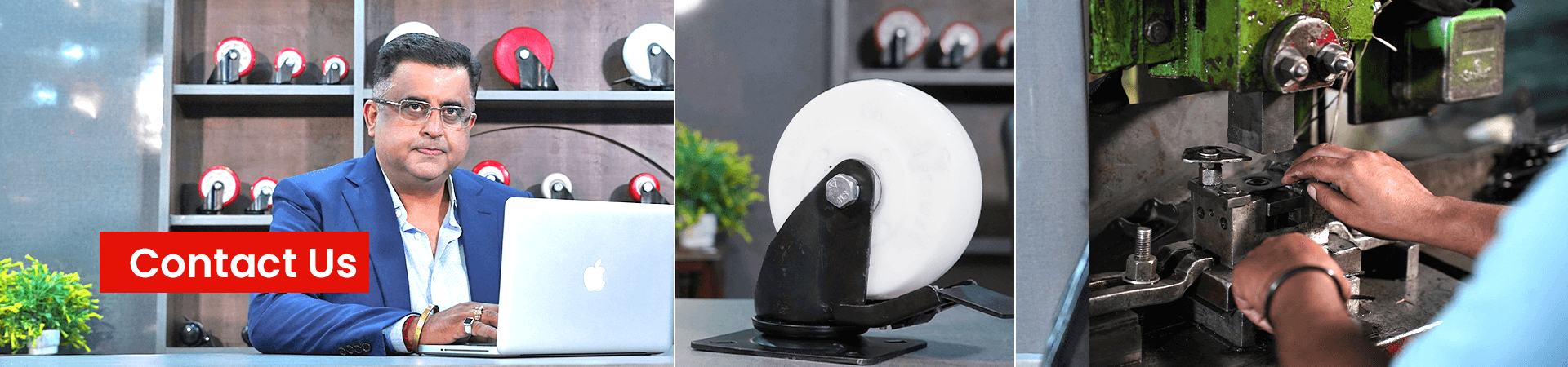 Combined image of Owner Pankaj Narula, employees working on the machine and a caster wheel