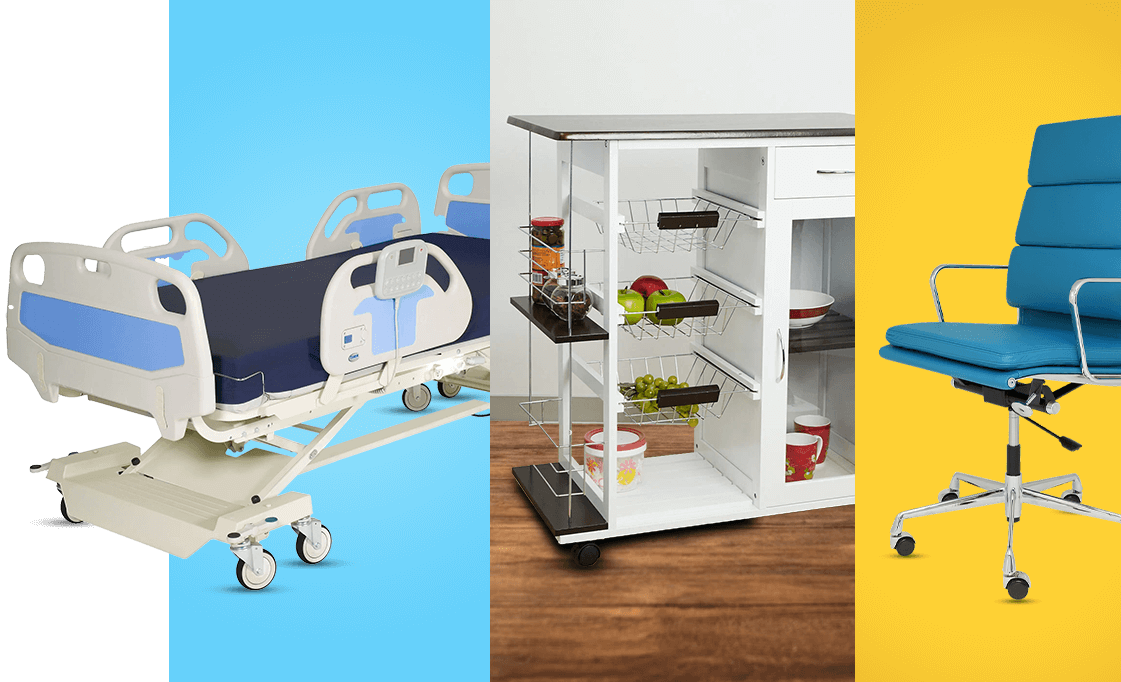 Combine Image of casterwheel Transparent hospital bed, Office Chair and Kitchen Trolly