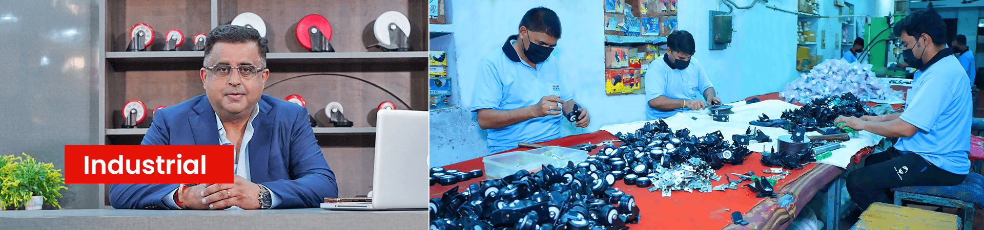 Combined image of Owner Pankaj Narula, employees working on the production line.